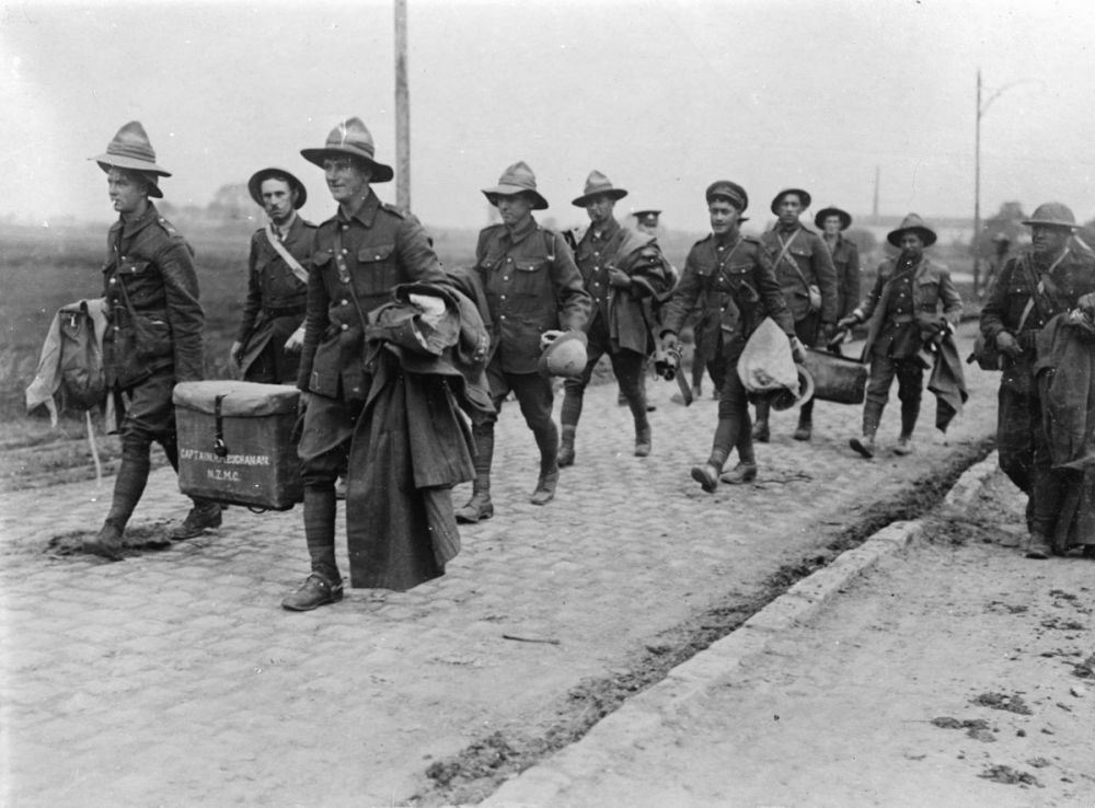 Men of the New Zealand Medical Corps move to their quarters, Armentières, 9 June 1916.